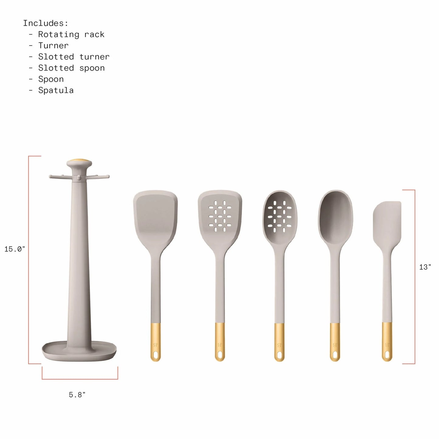 6-Piece Silicone Kitchen Utensil Tool Set with Rotating Rack by Drew Barrymore, Porcini Taupe