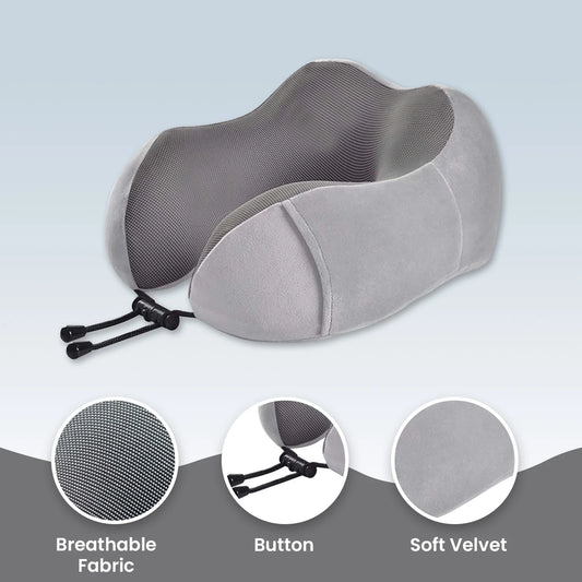 Upgraded Travel Neck Pillow – 100% Memory Foam for Airplane, Flight Headrest & Sleep, Portable