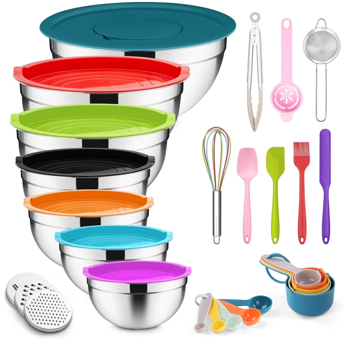 35-Piece Stainless Steel Nesting Mixing Bowl Set with Lids, 7 Sizes with 3 Graters & Kitchen Utensils for Mixing, Serving & Grating, Multi-Color