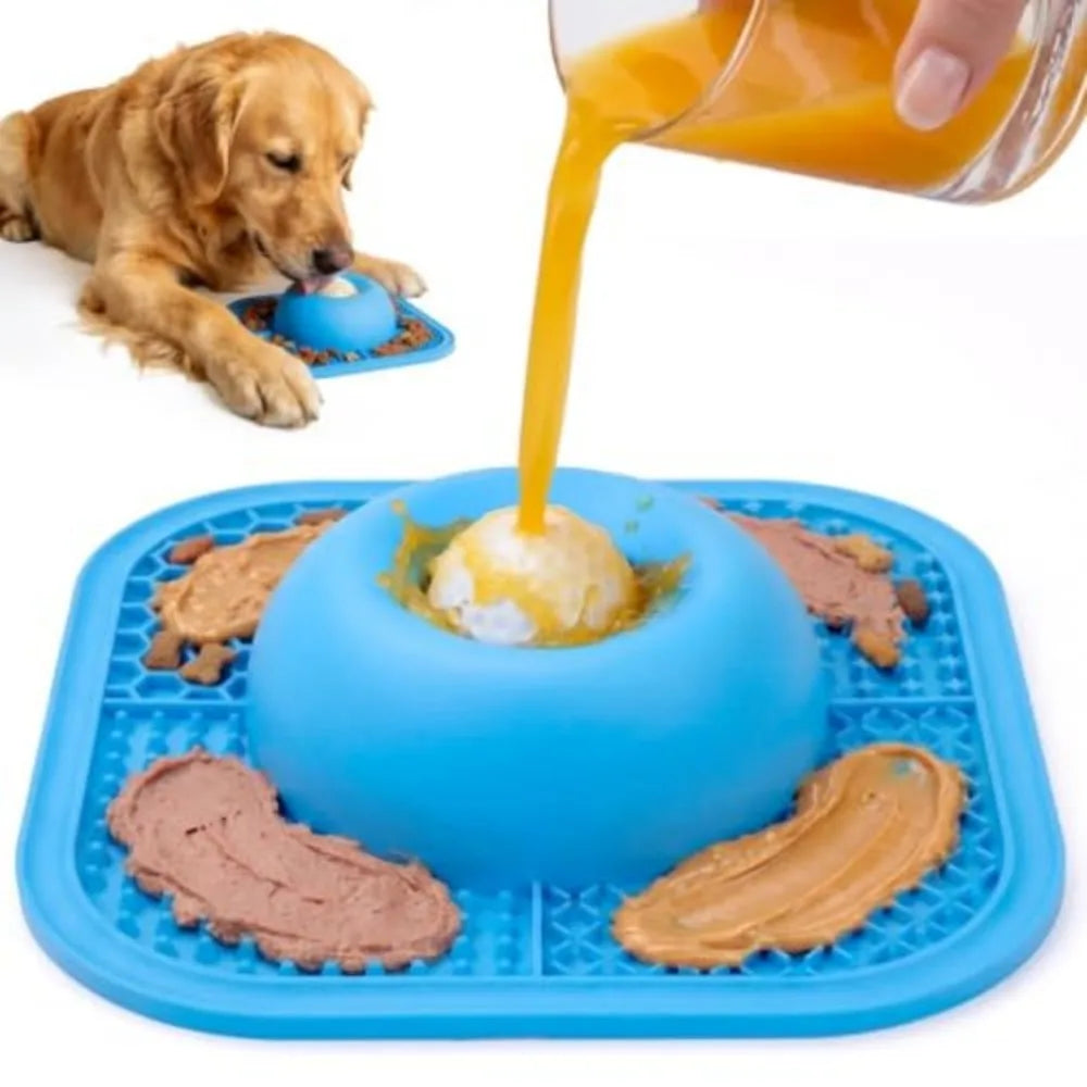Slow feeder dog bowl and lick mat with rolling ball