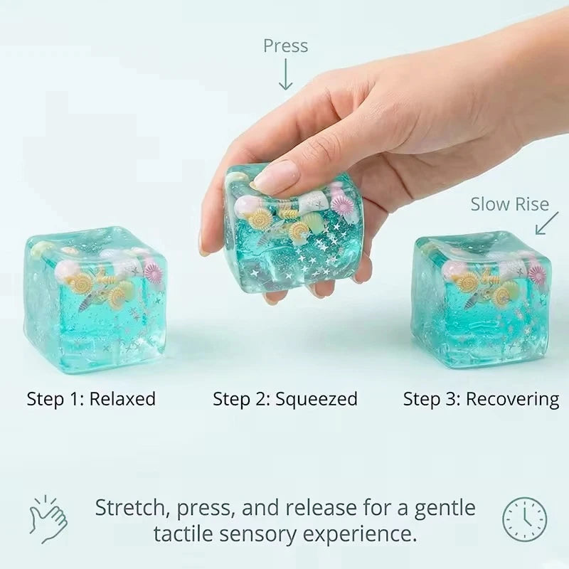 Transparent squishy fidget cube on desk