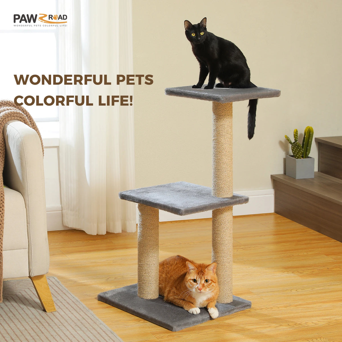 Small indoor cat tree, cat resting on top perch