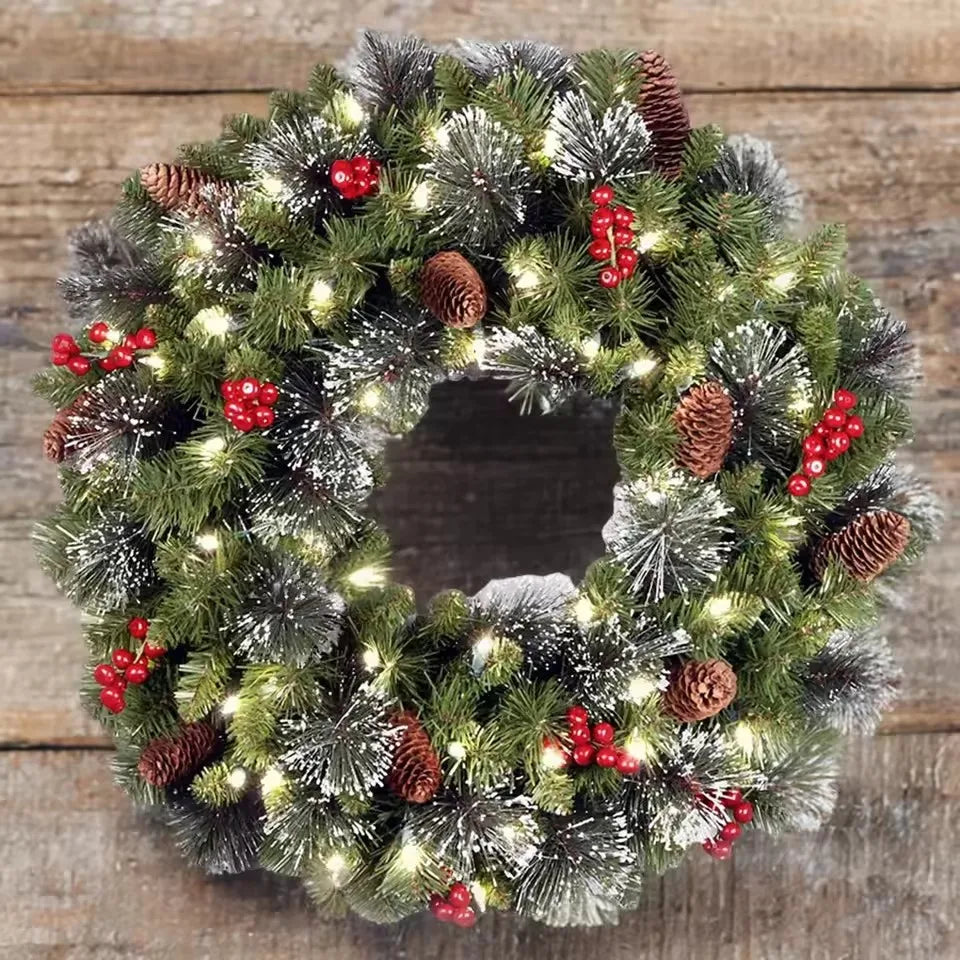 LED pinecone Christmas wreath with red berries - image 2