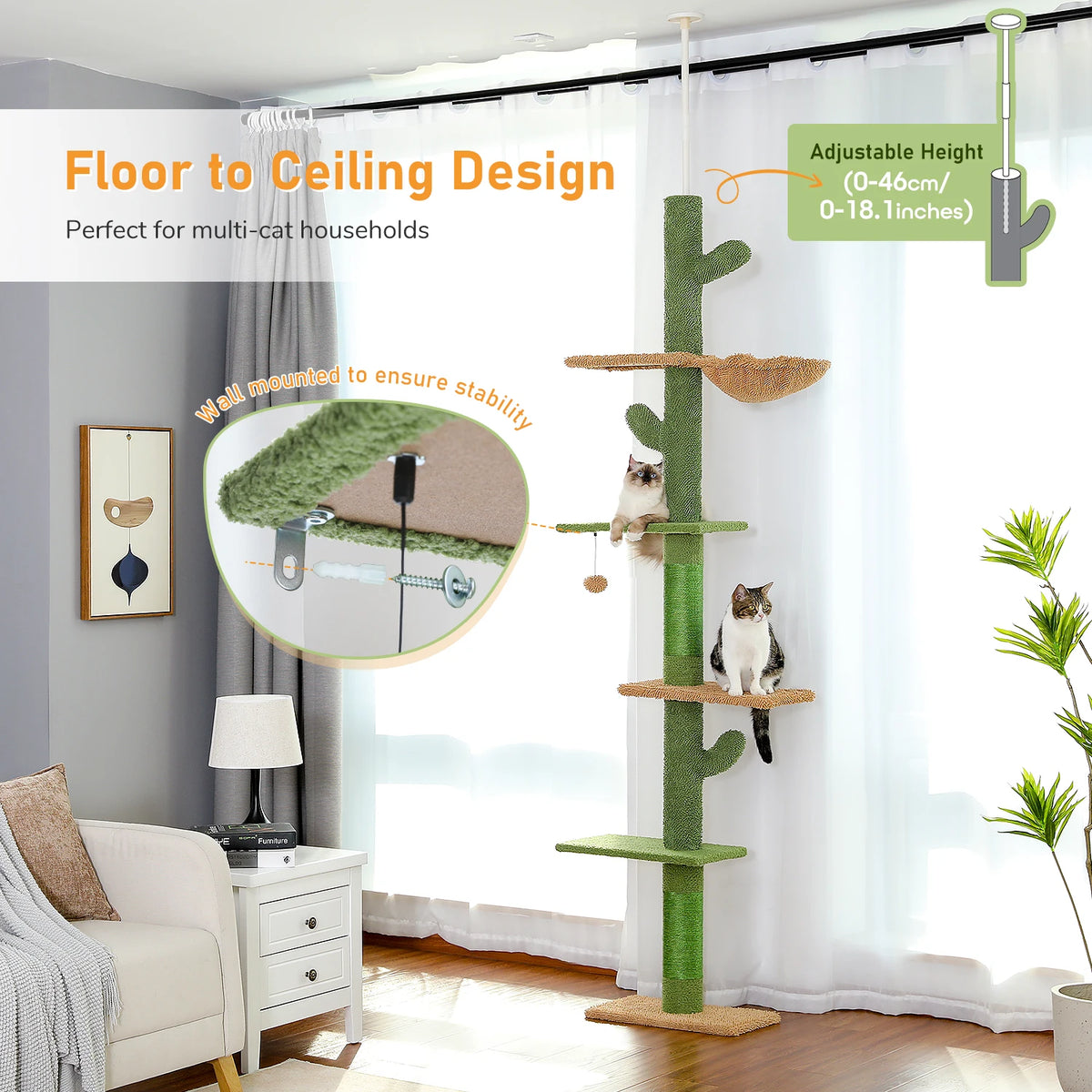 Floor to ceiling cactus cat tree with sisal scratching posts