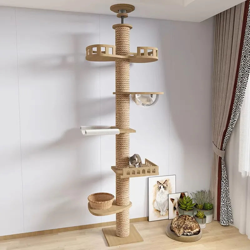 Floor to ceiling cat tree close-up of plush platform