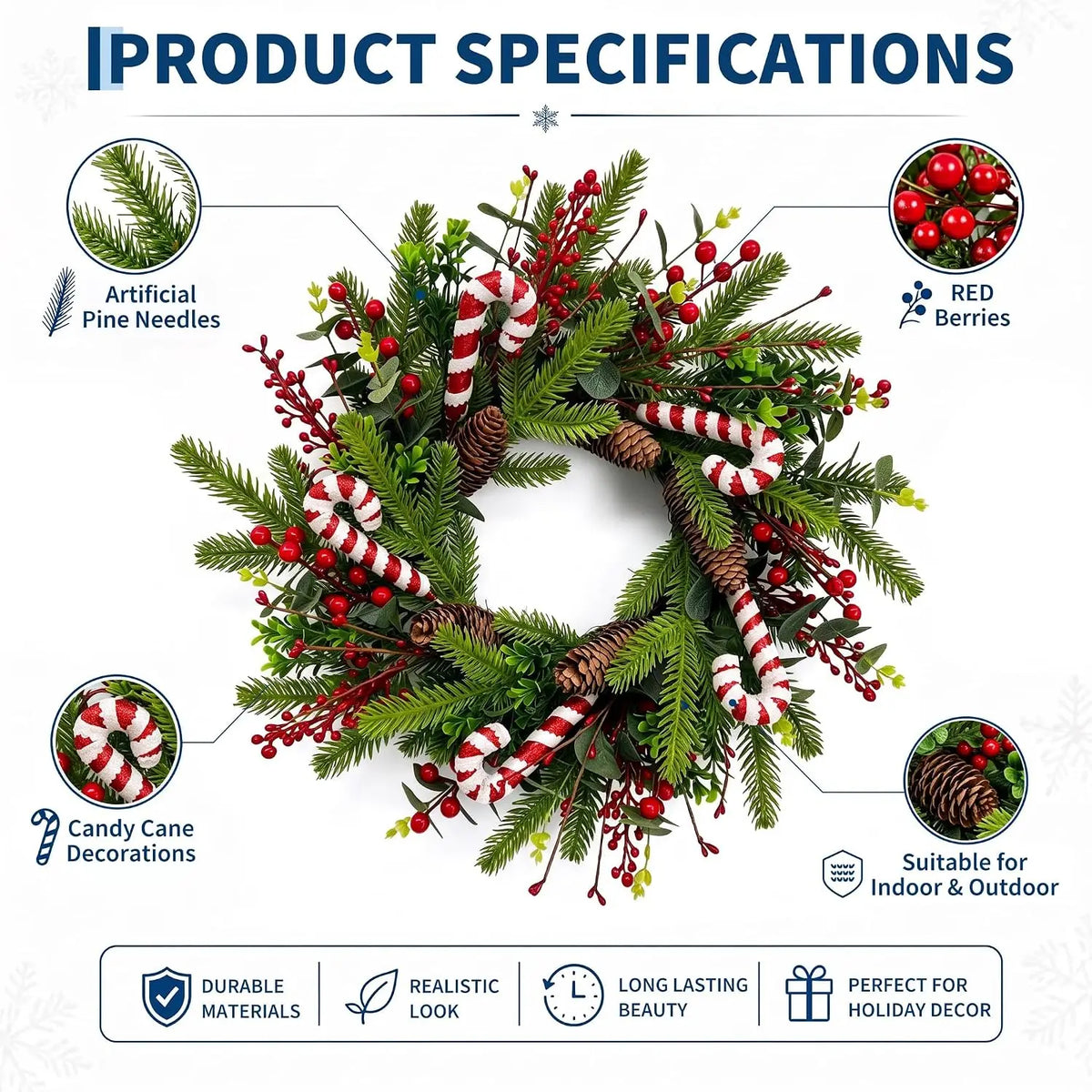 Candy cane Christmas wreath 20 inch with pinecones and red berries - image 3