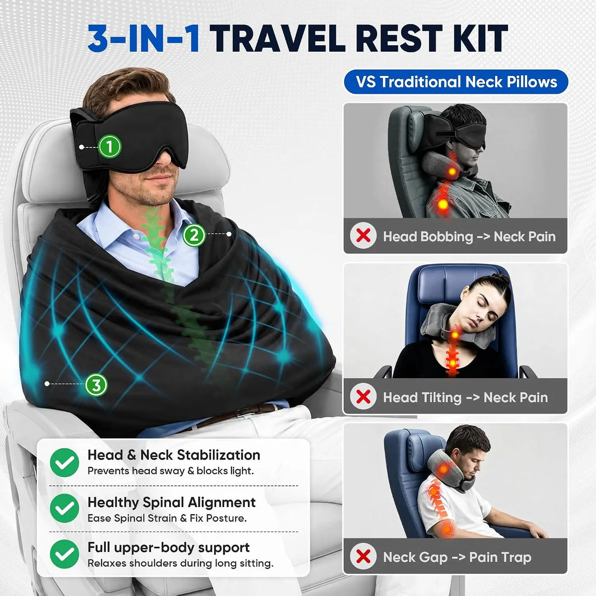 3-in-1 travel pillow with eye mask