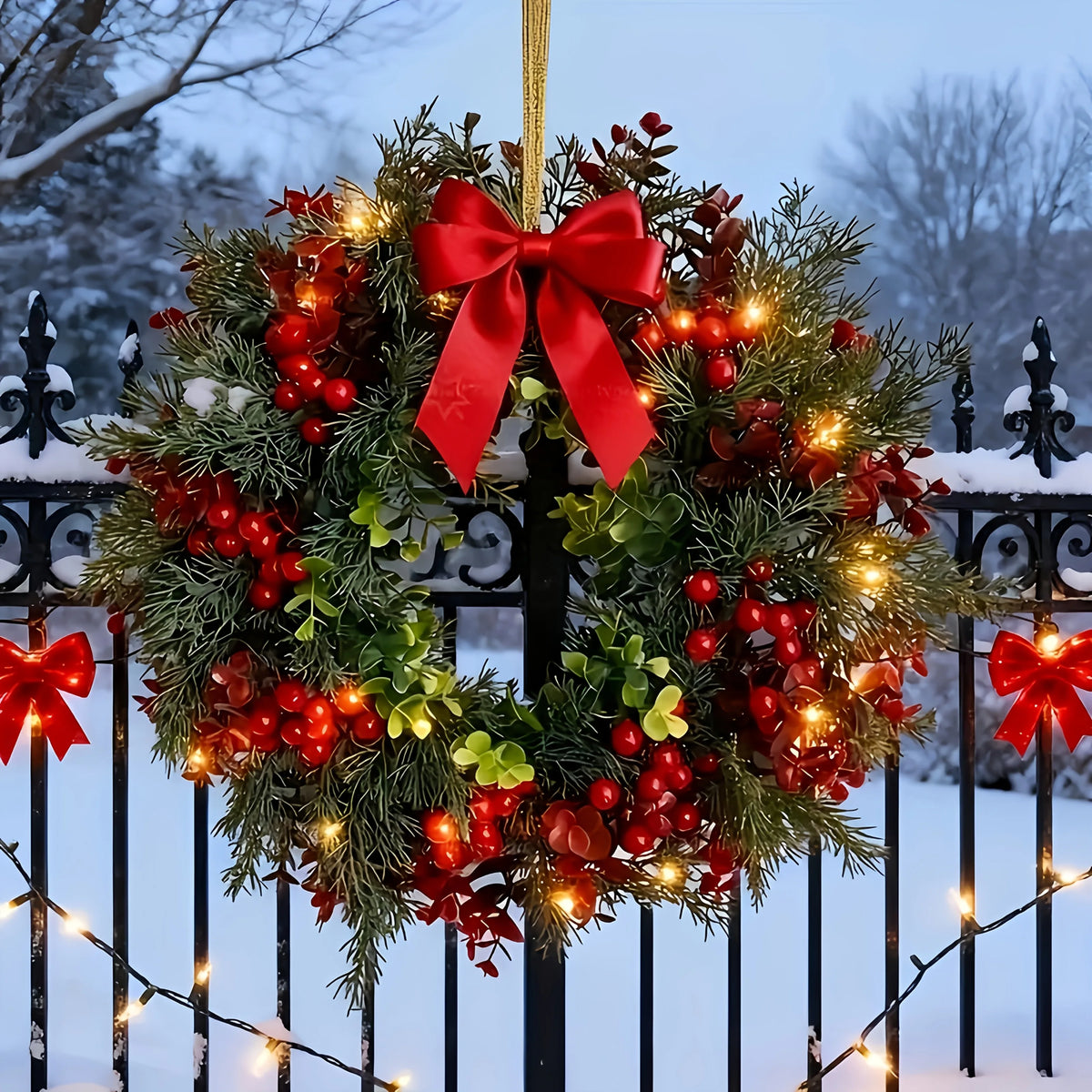13.8 inch Christmas wreath with red bow and berries