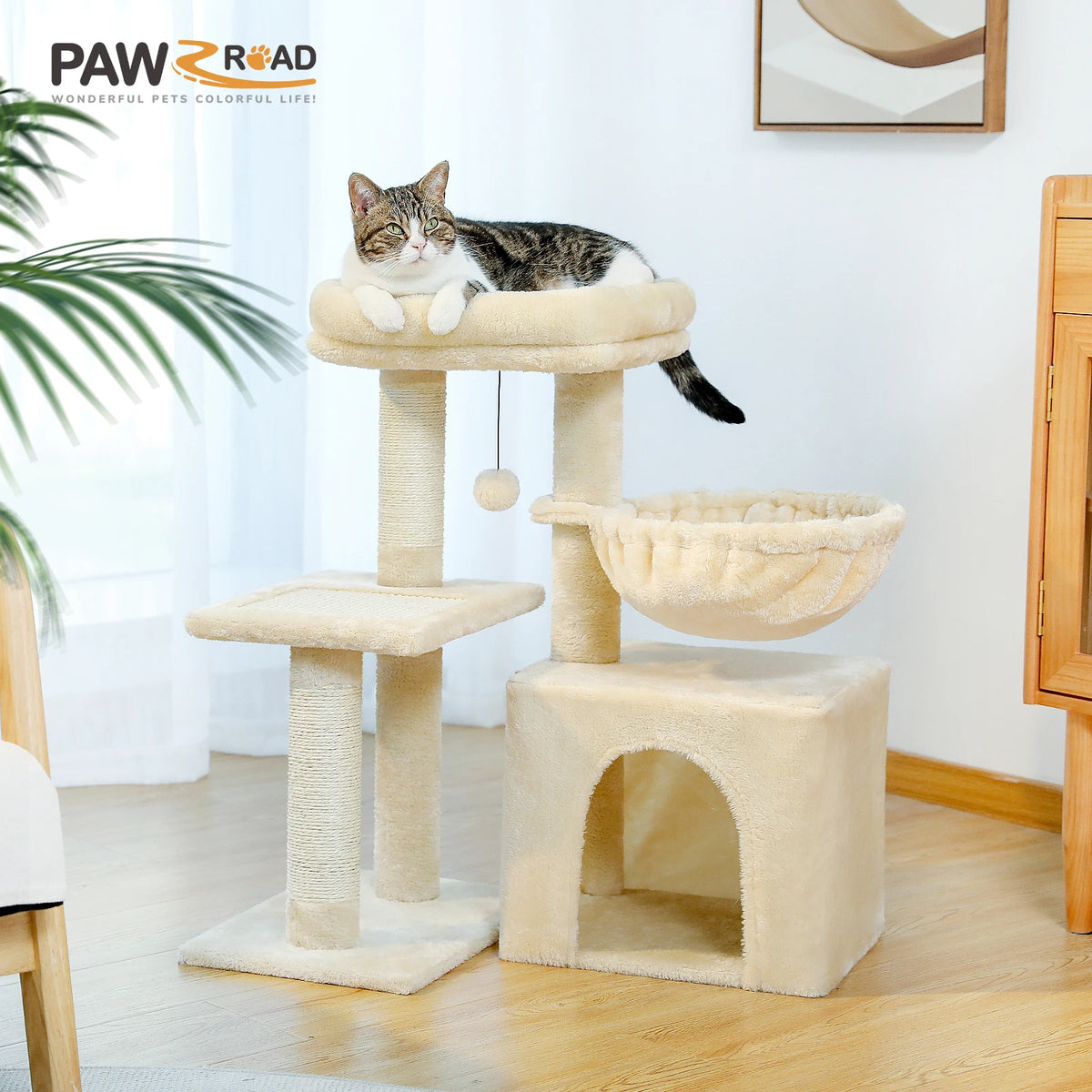 Small indoor cat tree with condo and hammock