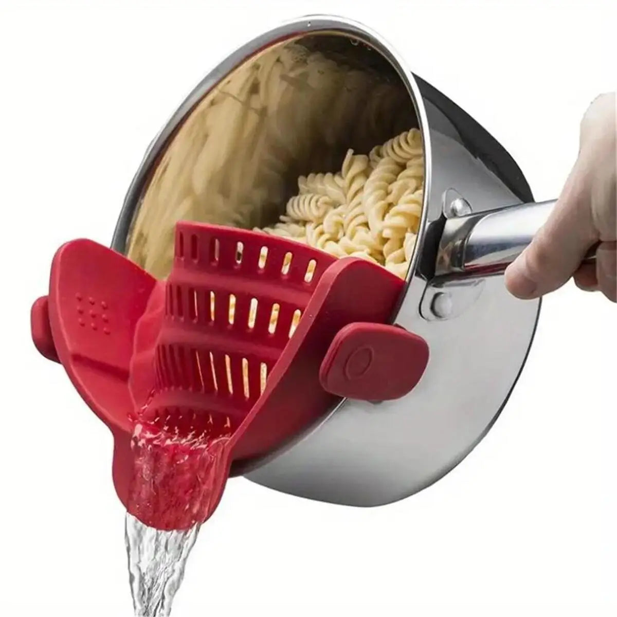 Orange clip-on pot strainer
