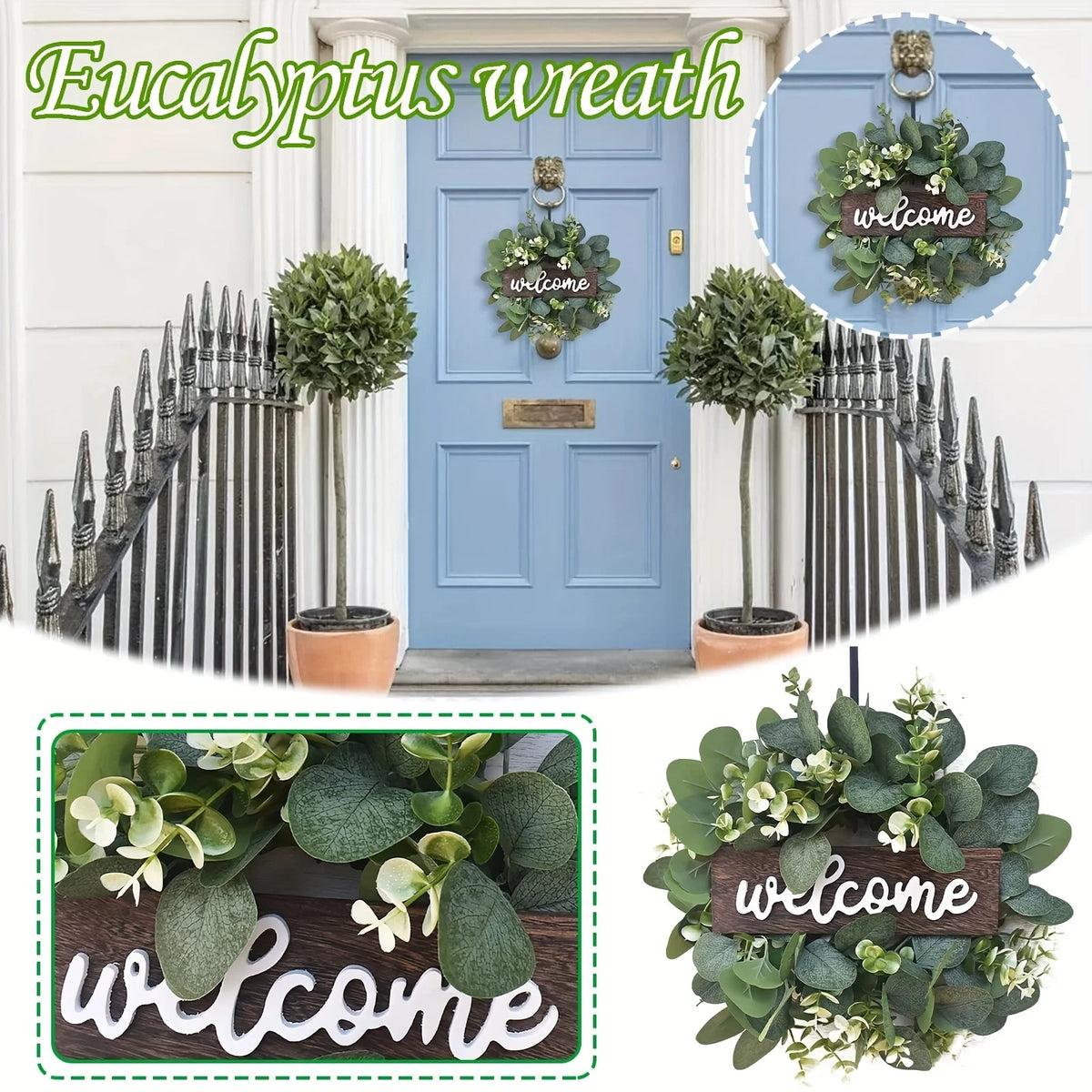 Eucalyptus welcome wreath with white berries and wooden Welcome sign - image 4