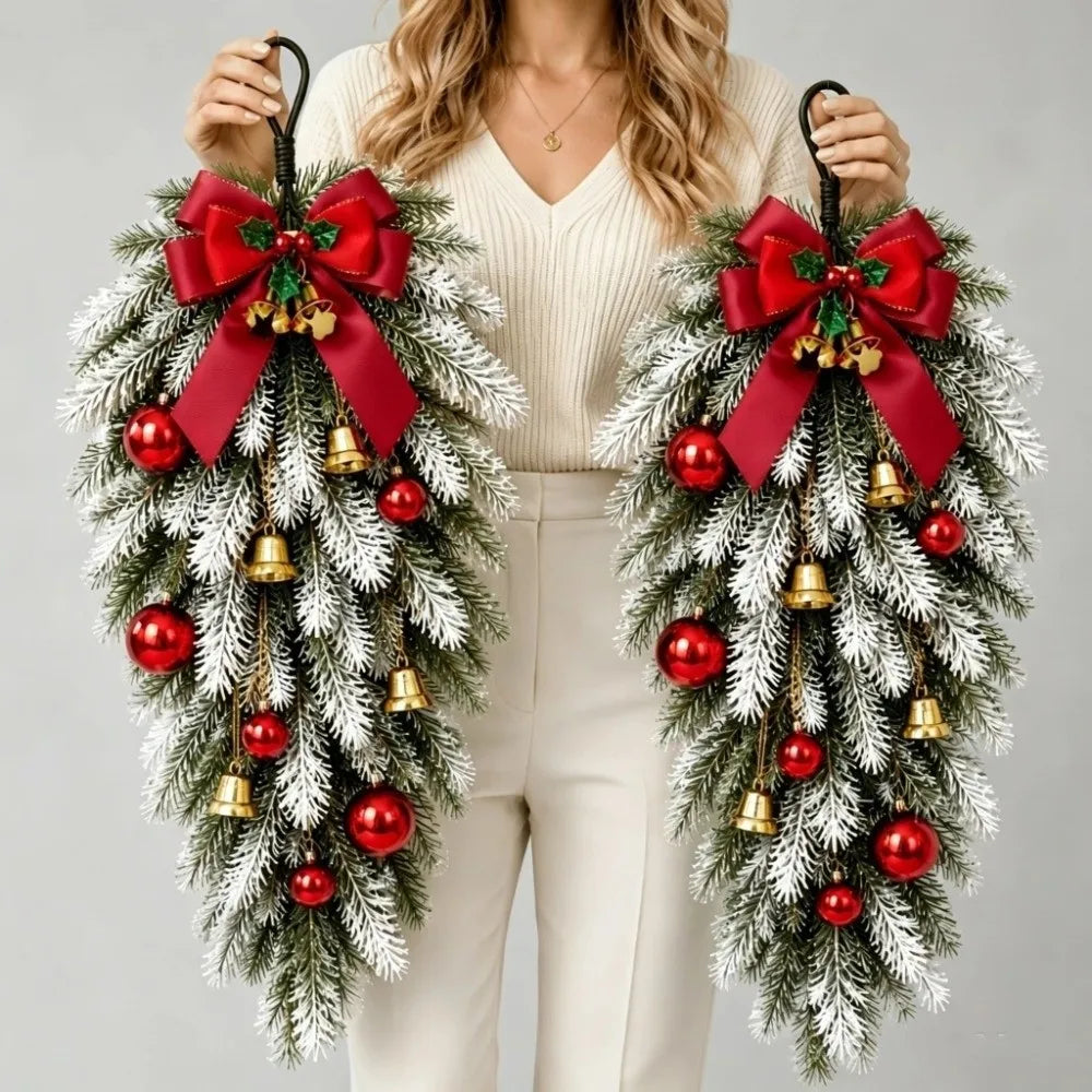 Norfolk pine Christmas swag set with red bow and gold bells - image 3