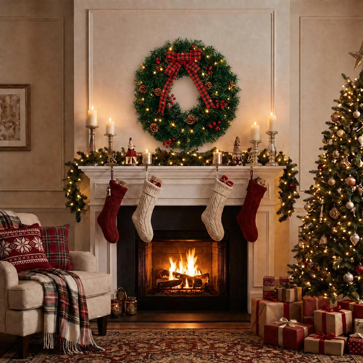 Pre-lit farmhouse Christmas wreath with plaid bow - image 8