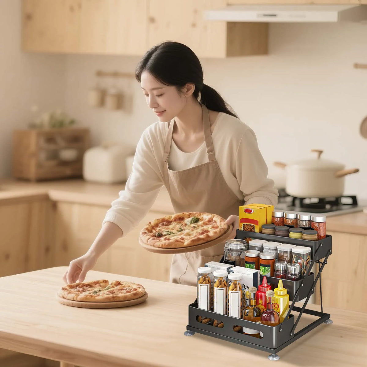 Adjustable height 3 tier spice shelf for kitchen counter