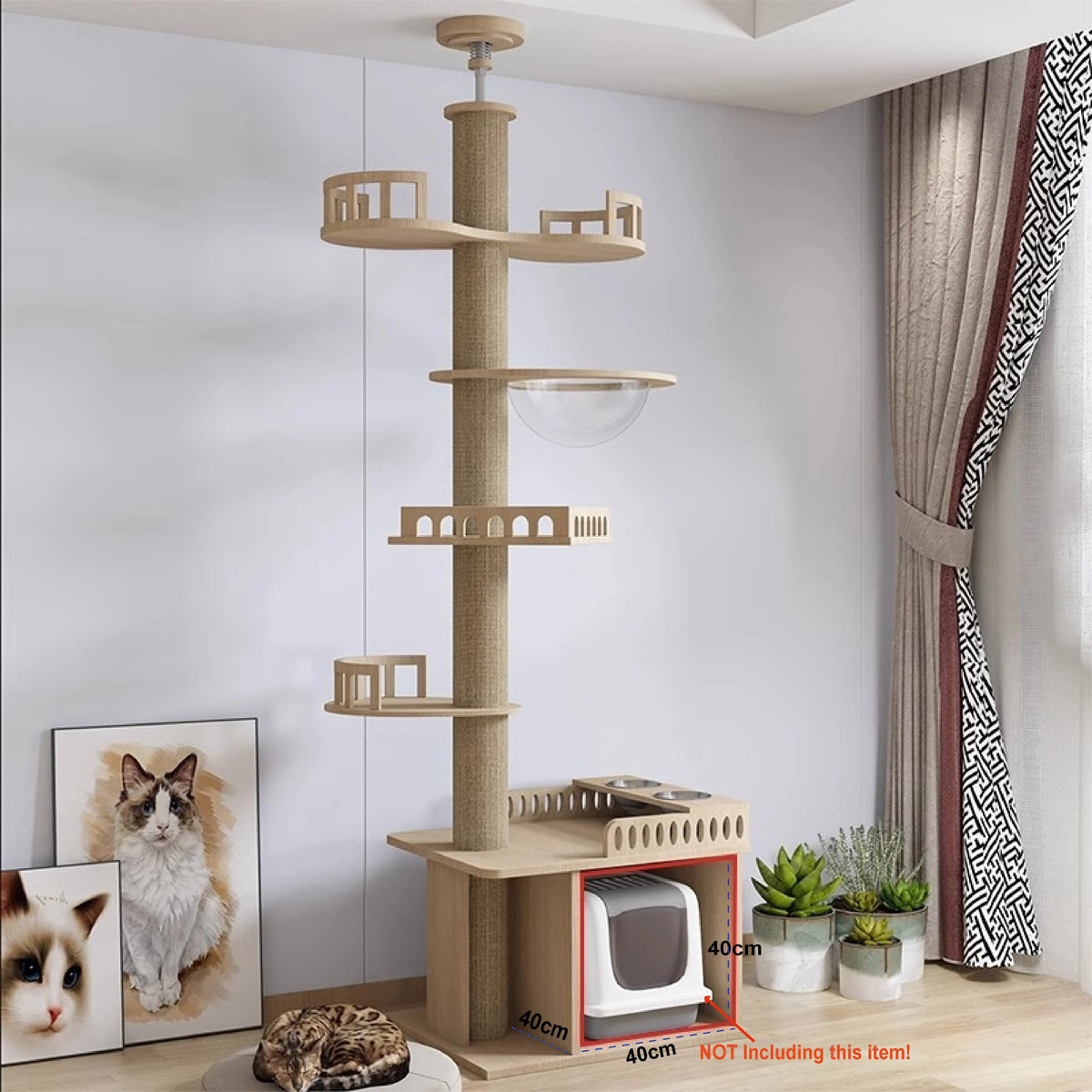 cat playing on floor to ceiling cat tree