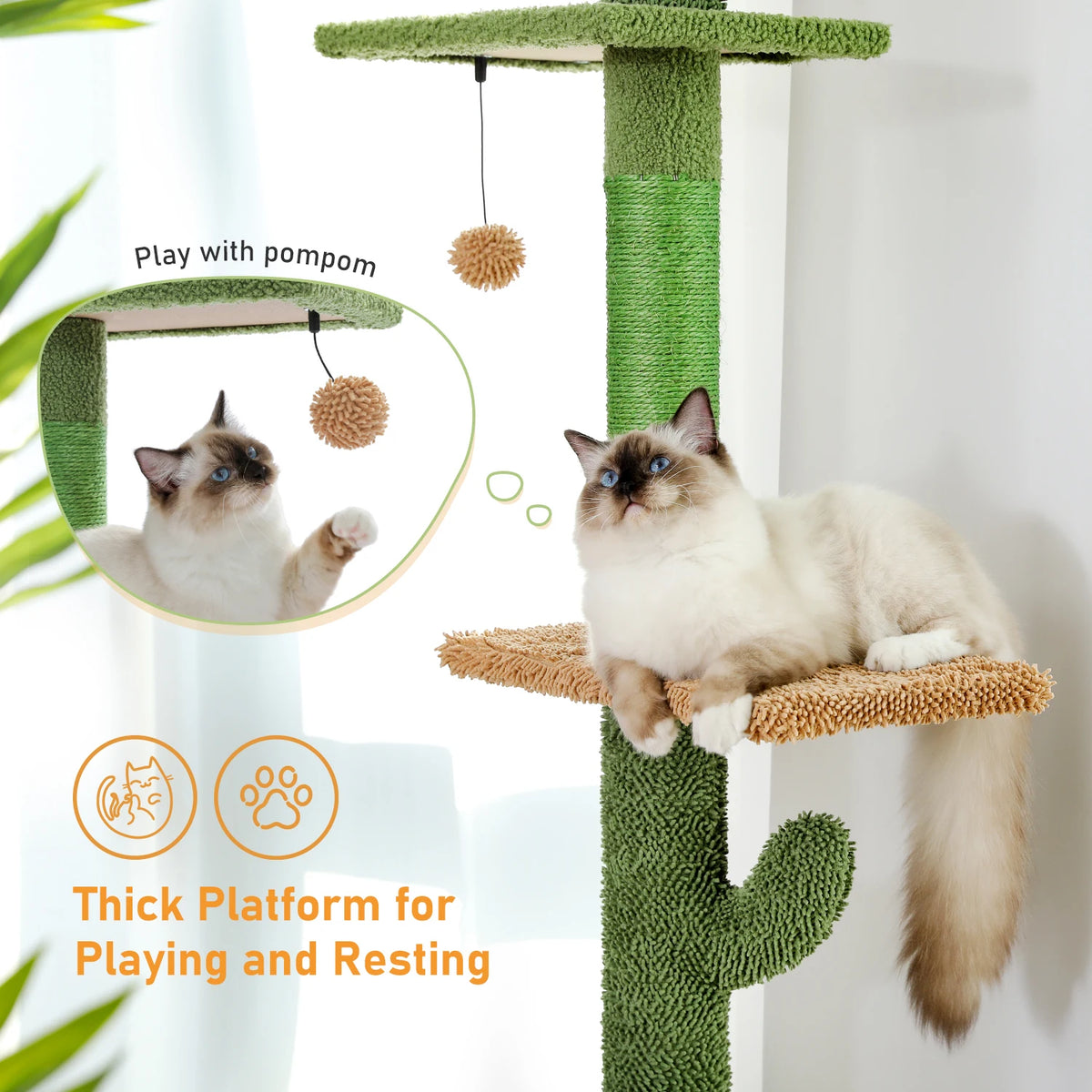 Floor to ceiling cactus cat tree, cat resting on top perch