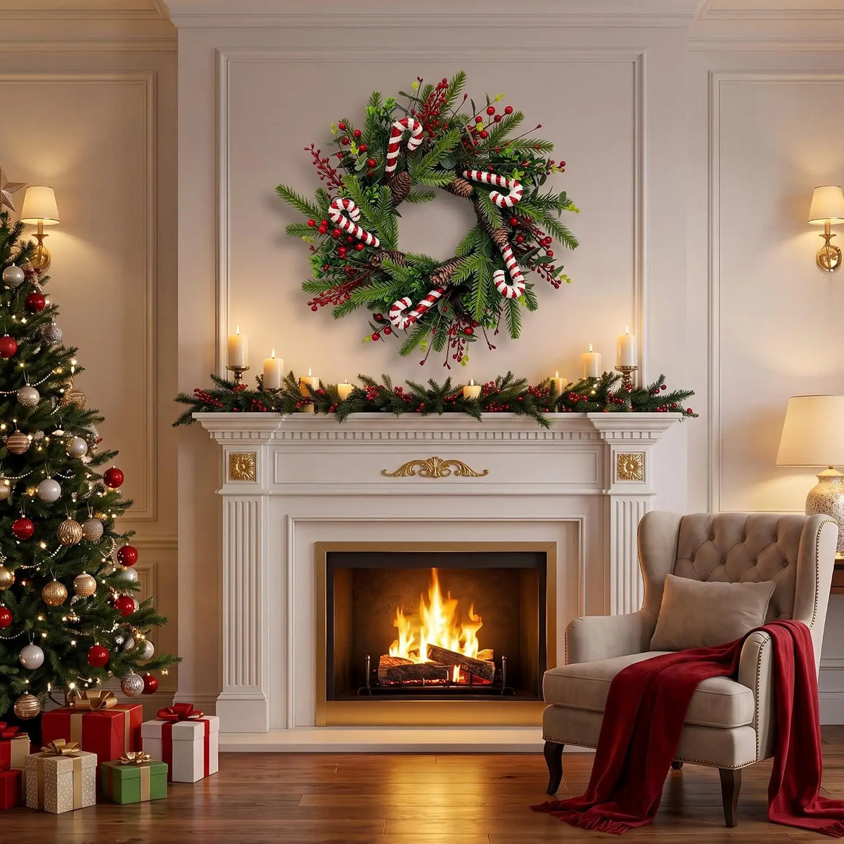 Candy cane Christmas wreath 20 inch with pinecones and red berries - image 5