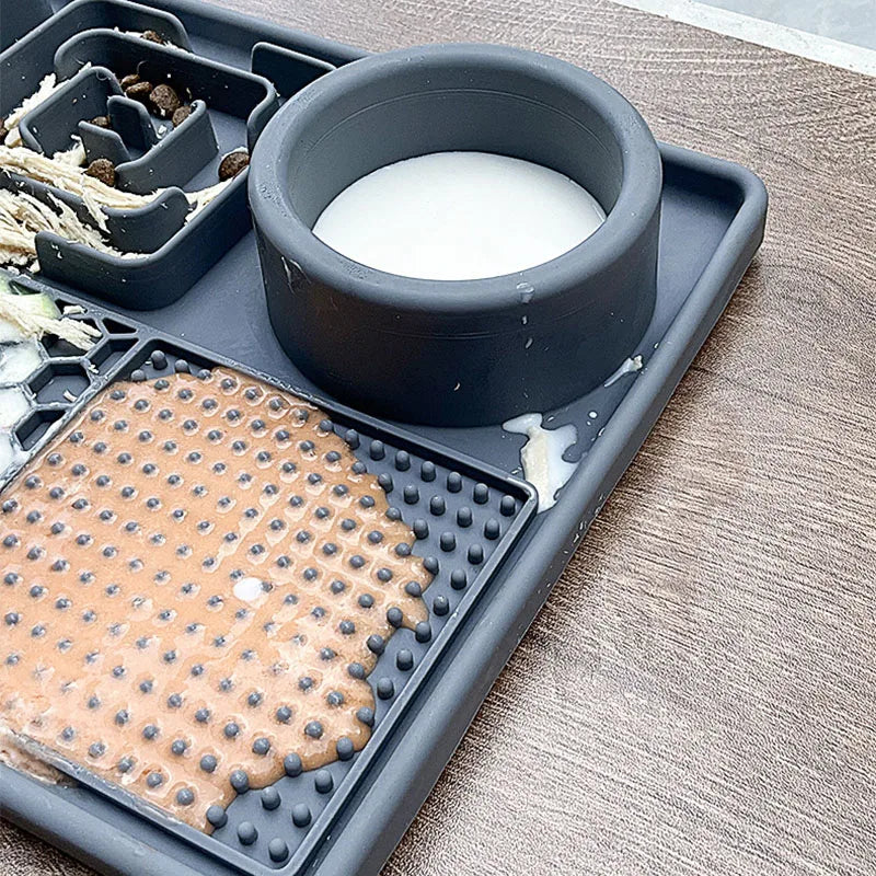 Dog eating from silicone slow feeder