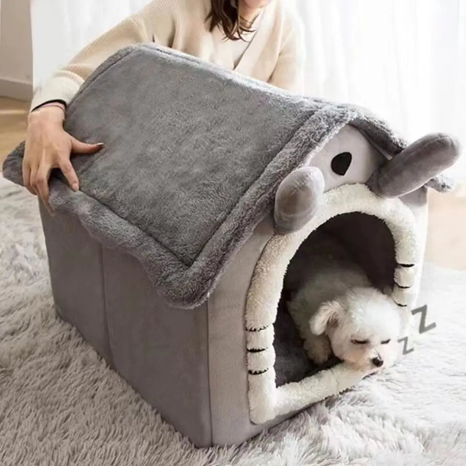 Cat resting in house-style pet bed