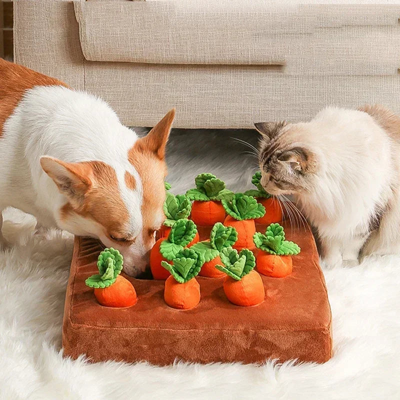 Plush carrot farm snuffle mat for dogs
