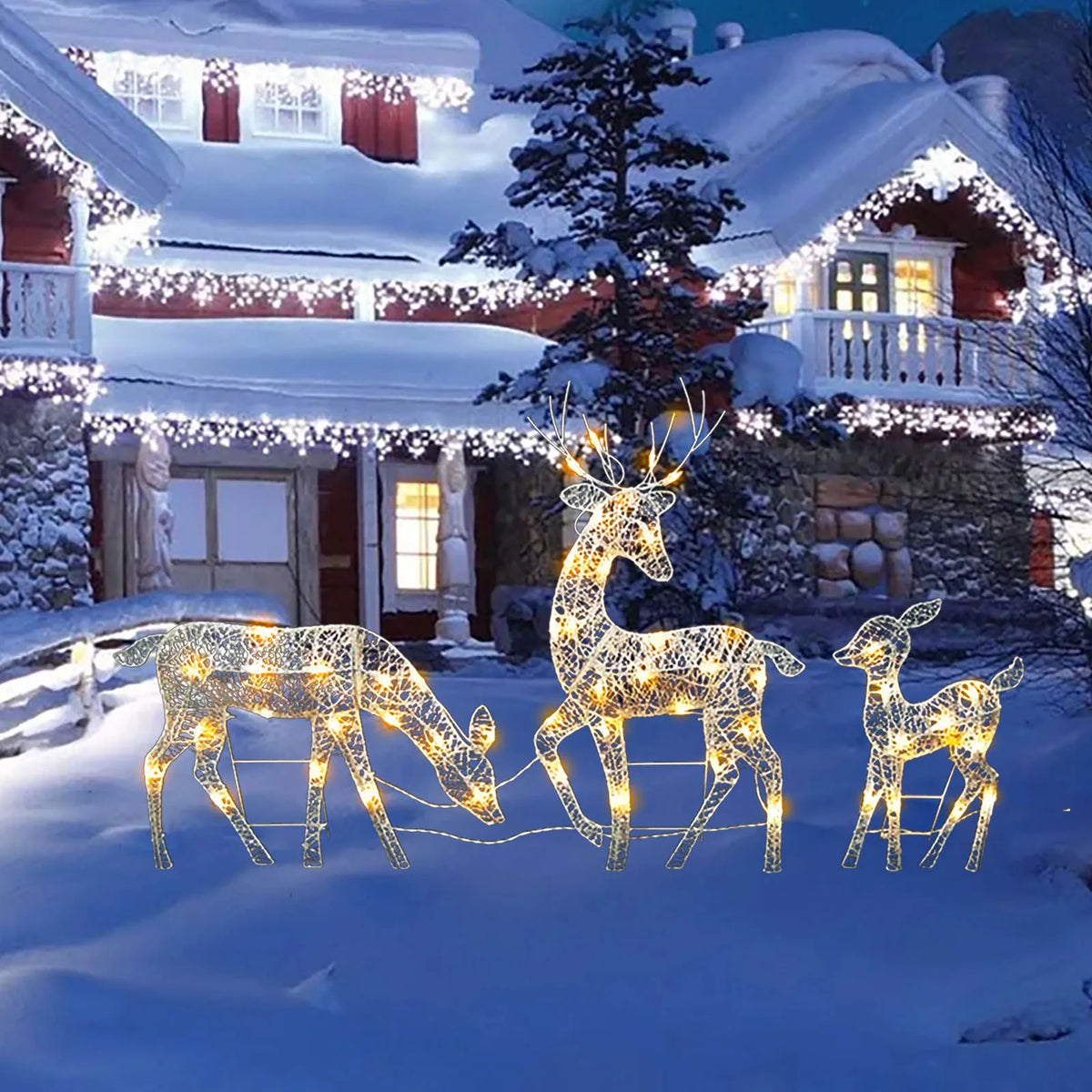 3 piece lighted Christmas reindeer family yard decor