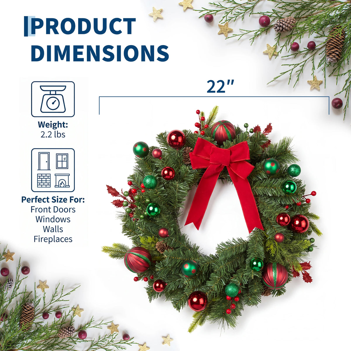 22 inch pre-lit Christmas wreath with red bow - image 2