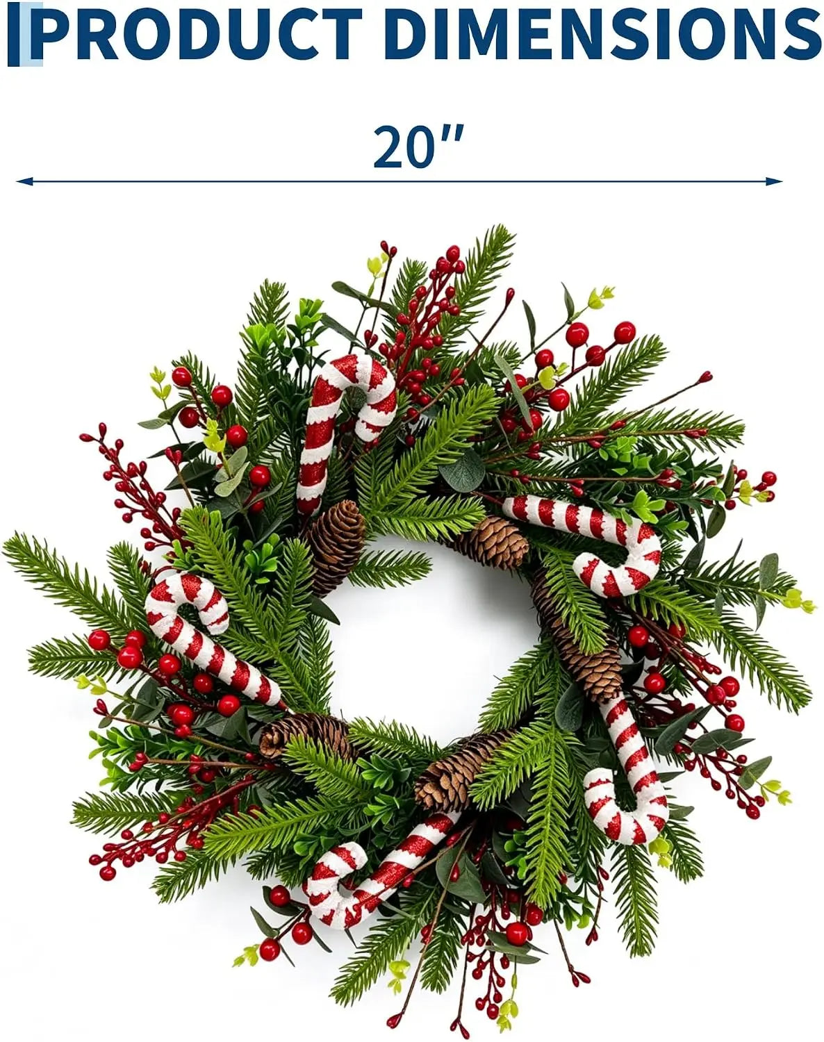 Candy cane Christmas wreath 20 inch with pinecones and red berries - image 7