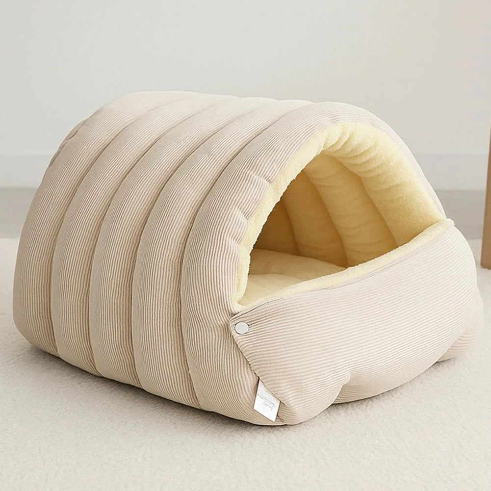 Purple plush cat cave bed