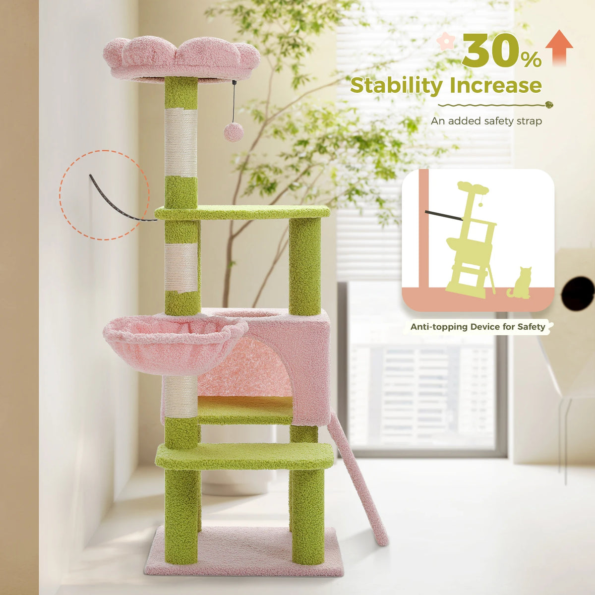 Flower cat tree, cat napping in hammock