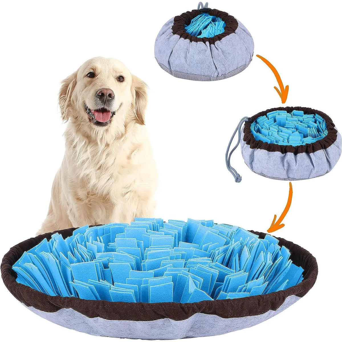Dog using a felt snuffle mat to search for food