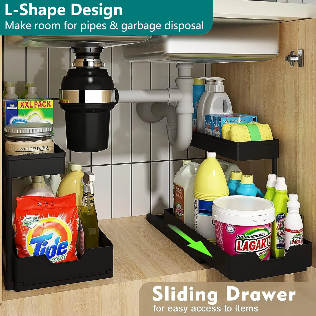 2-Pack Under Sink Organizer, 2-Tier Sliding Storage Drawers for Kitchen & Bathroom
