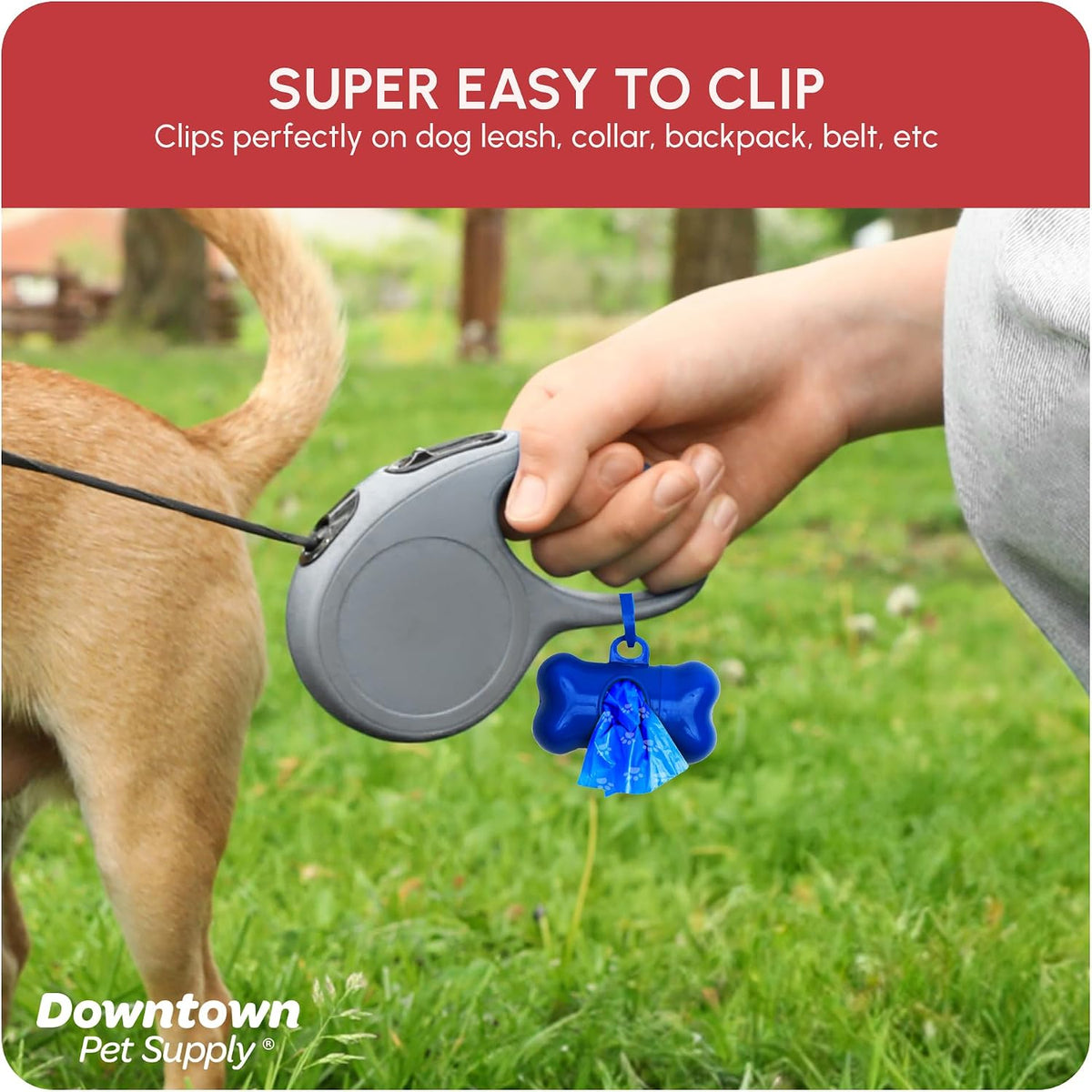 Bone-shaped dog poop bag dispenser clipped to a leash