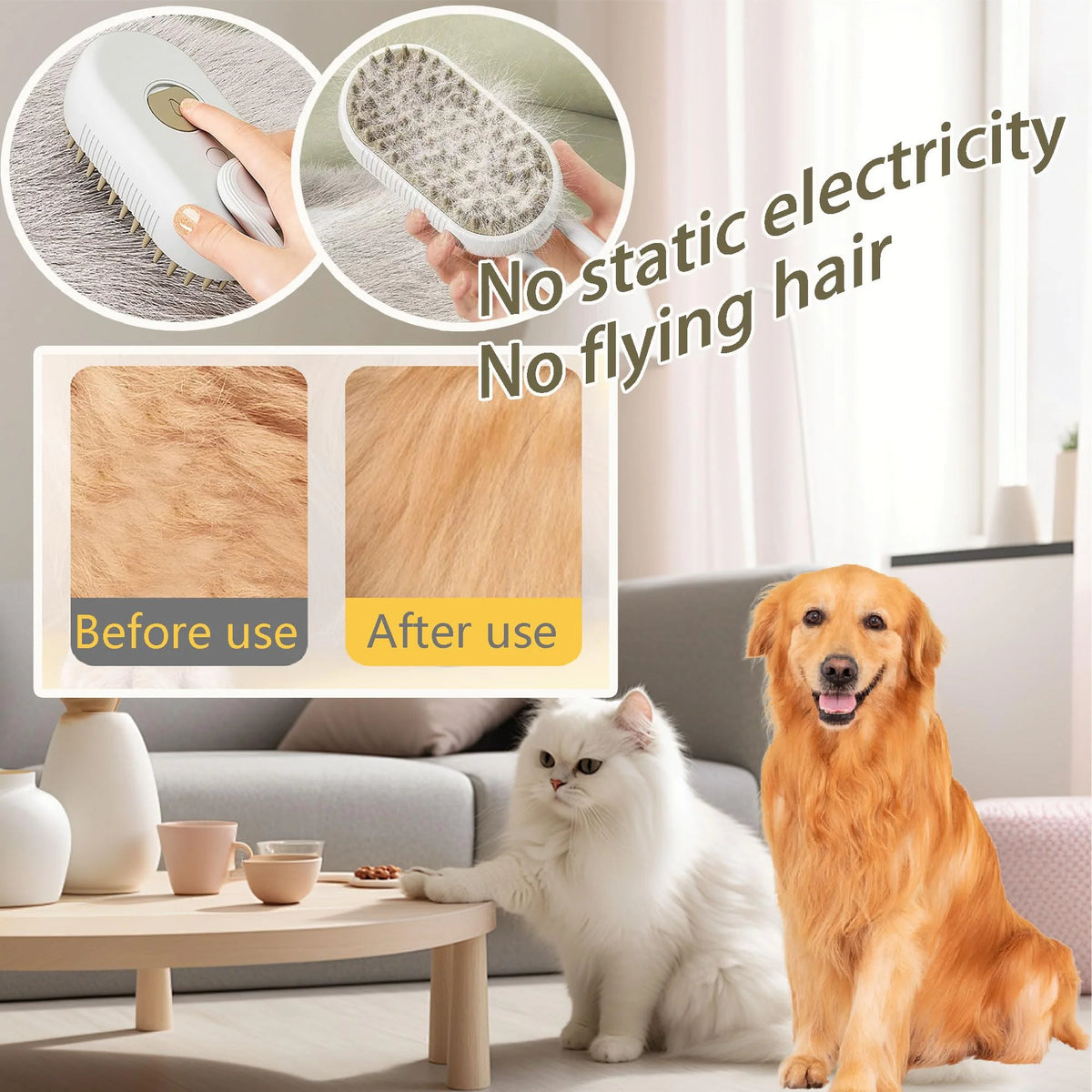 3-in-1 Pet Grooming Steam Brush for Cats & Dogs, Hair Removal Comb with Spray for Long & Short Hair (Gray)