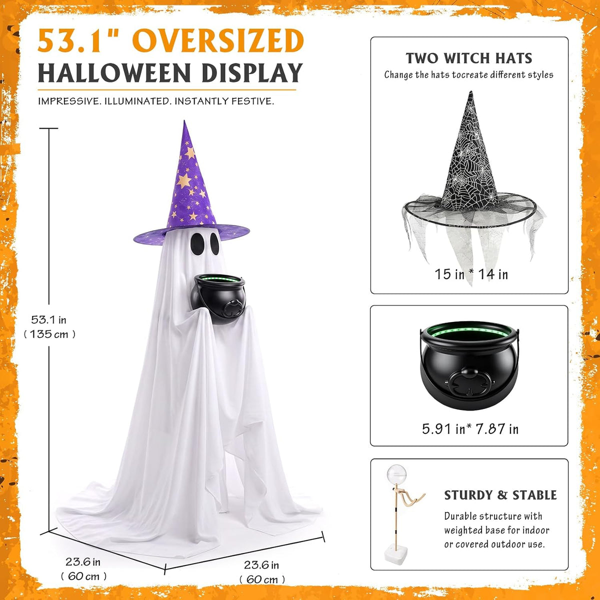 Spooky ghost and lighted cauldron Halloween decoration for party decor