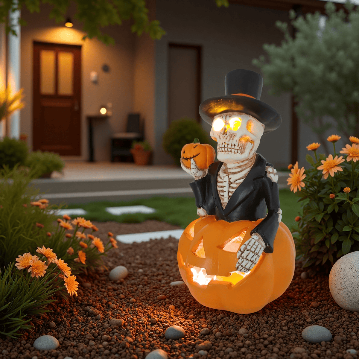 Halloween solar skeleton figurine with glowing pumpkin light