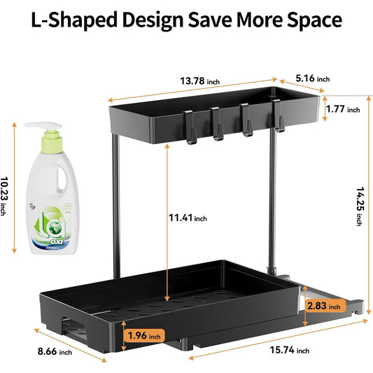 2 Pack under Sink Organizers and Storage, Pull Out Trash Can under Cabinet, 2 Tier Bin Organizer with Hooks and Haning Cups, Multi-Purpose Sliding under Cabinet Organizer