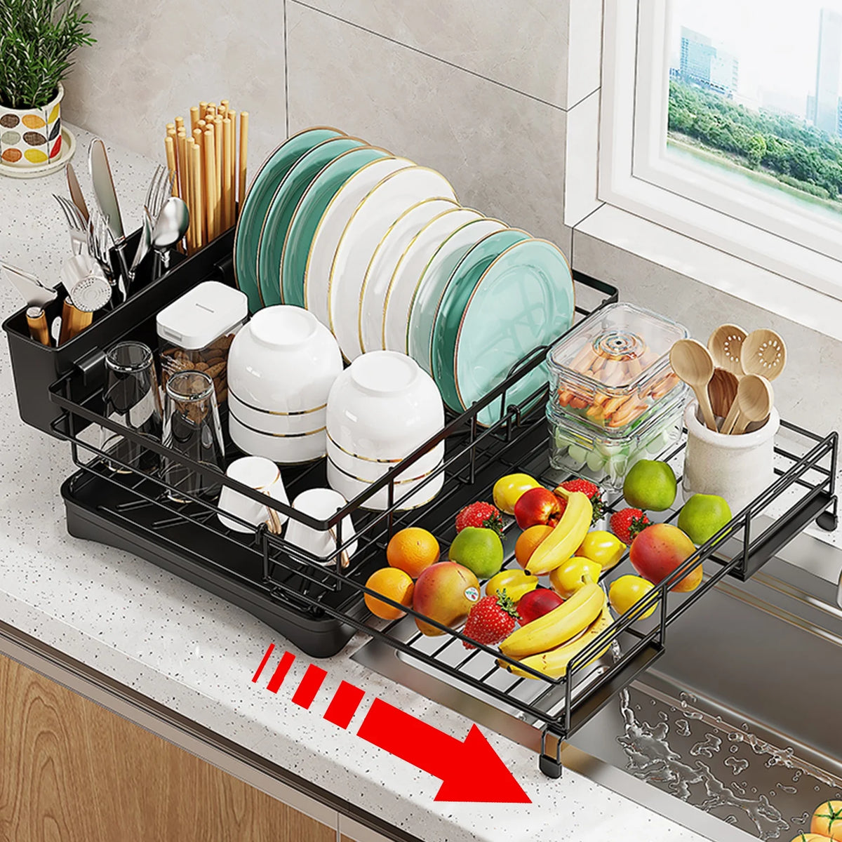 Retractable Stainless Steel Dish Drying Rack – Large Capacity with Utensil Holder, Space-Saving Kitchen Counter Organizer (Black)