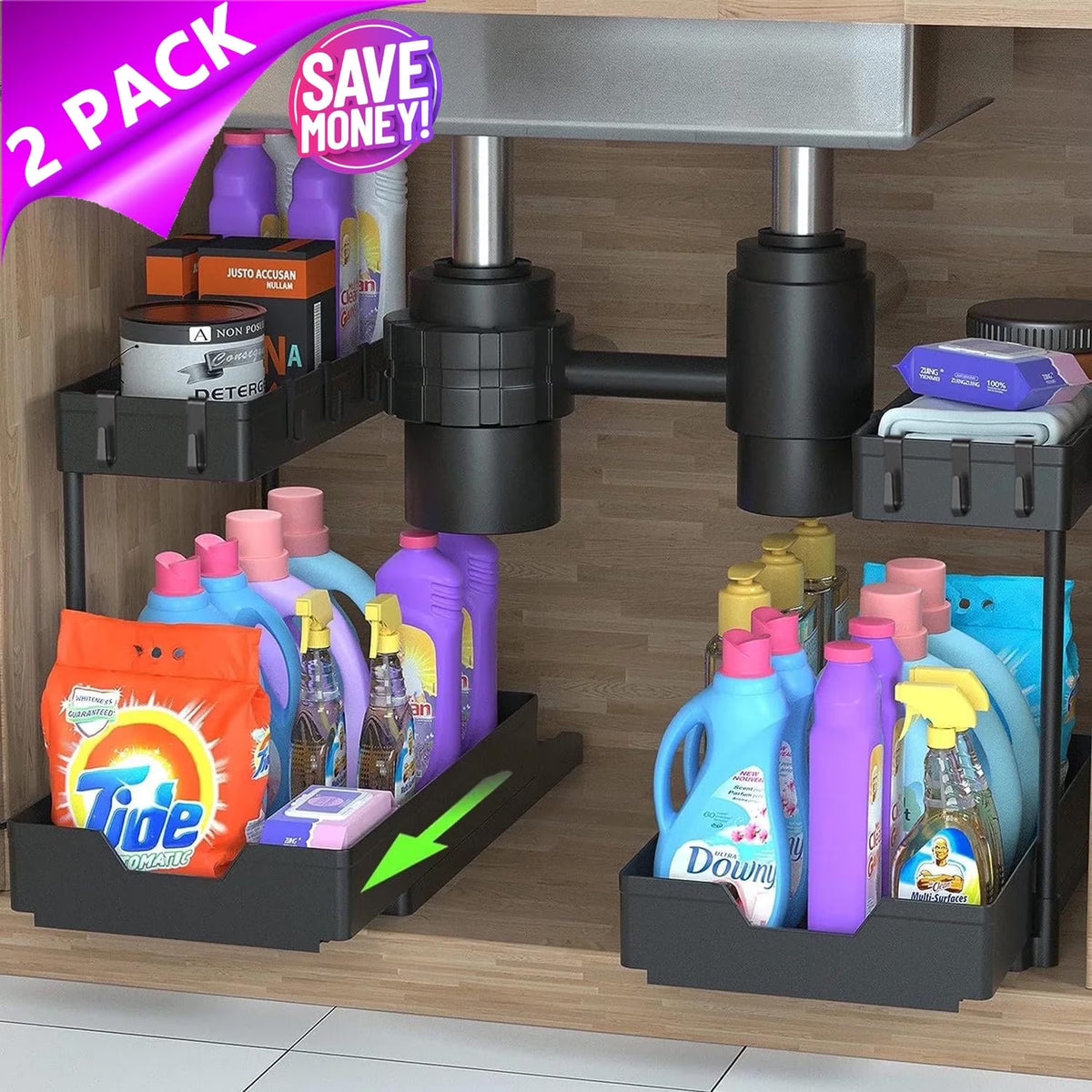 2-Pack Under Sink Organizer, 2-Tier Sliding Storage Drawers for Kitchen & Bathroom