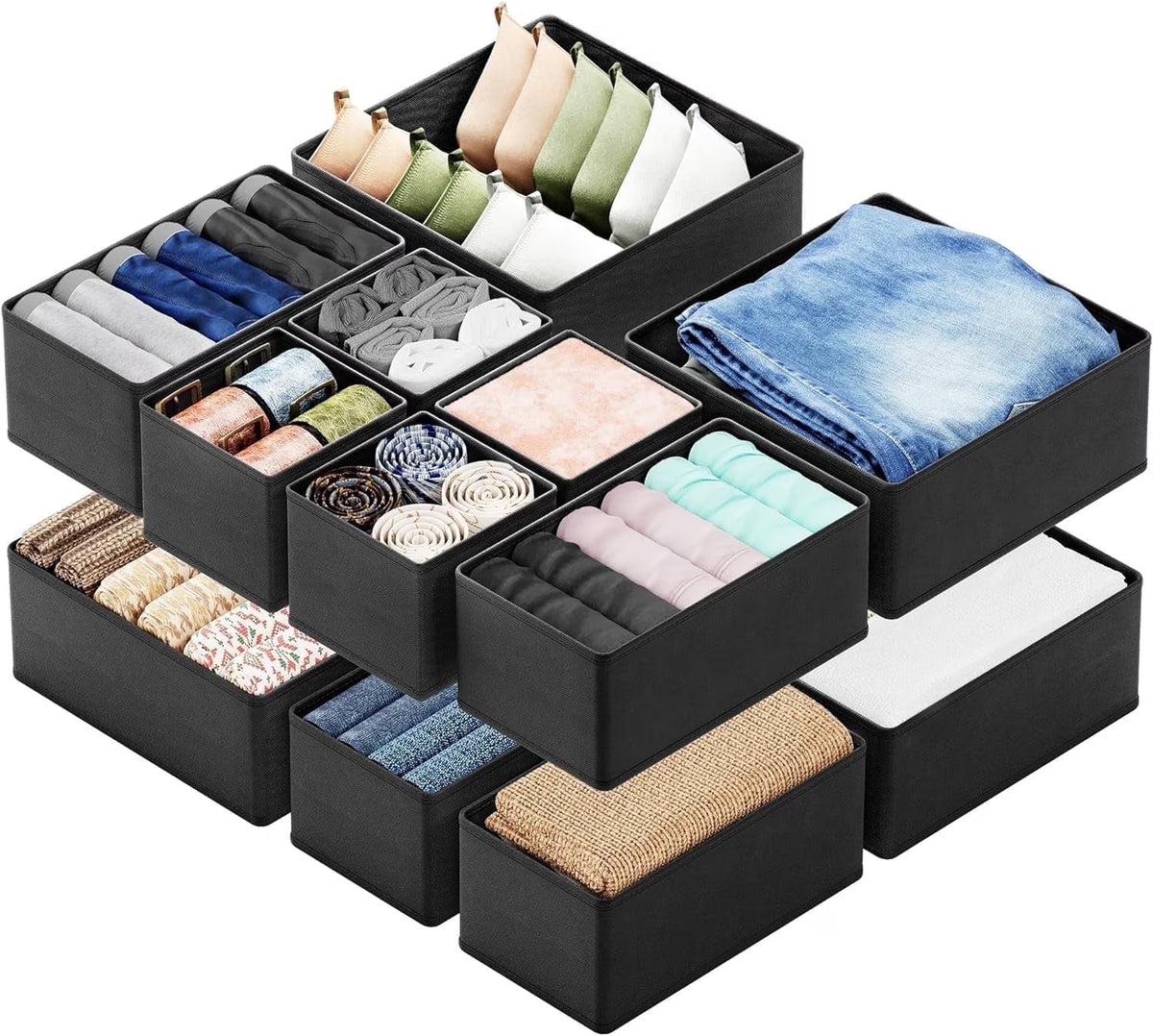 Drawer Organizer for Clothes, Dresser Drawer Organizer, 12 Pack, Black