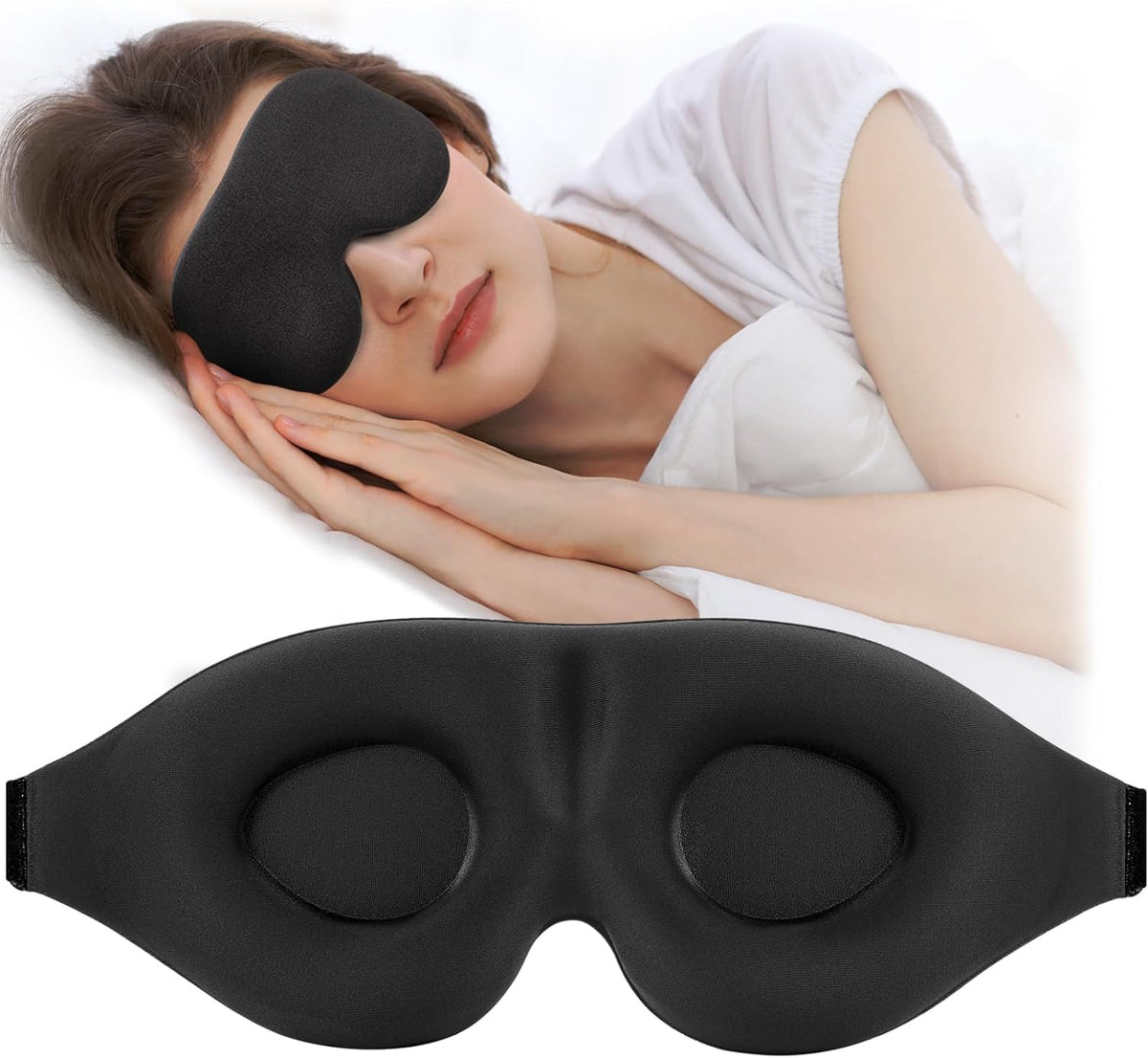 3D Contoured Sleep Mask for Side Sleepers – Light-Blocking Eye Mask with Adjustable Strap for Travel, Nap & Night Sleep (Black)