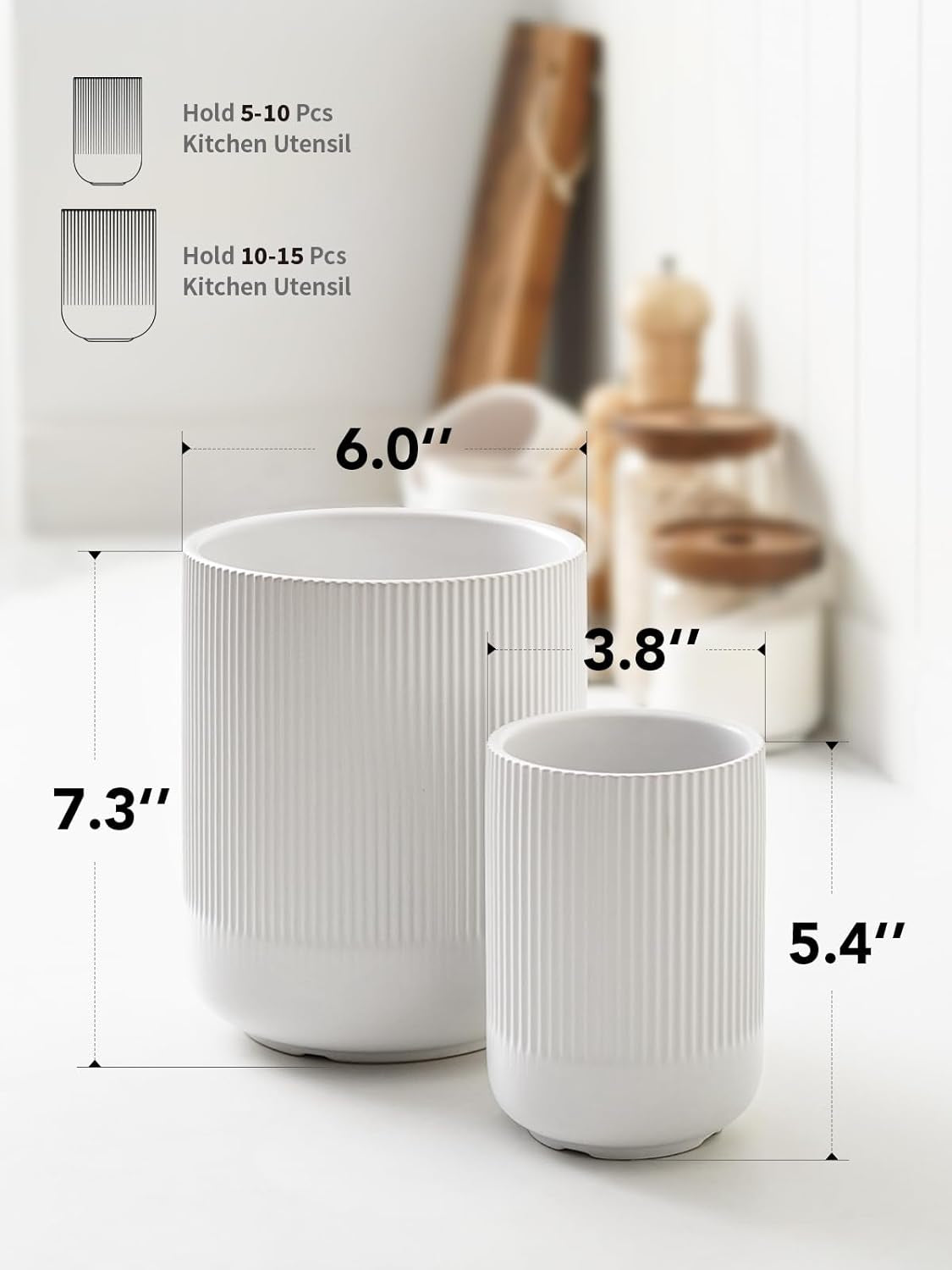 Set of 2 Ceramic Kitchen Utensil Holders, Large Modern Countertop Crocks for Spatulas & Cooking Tools, White (7.3" & 5.4")