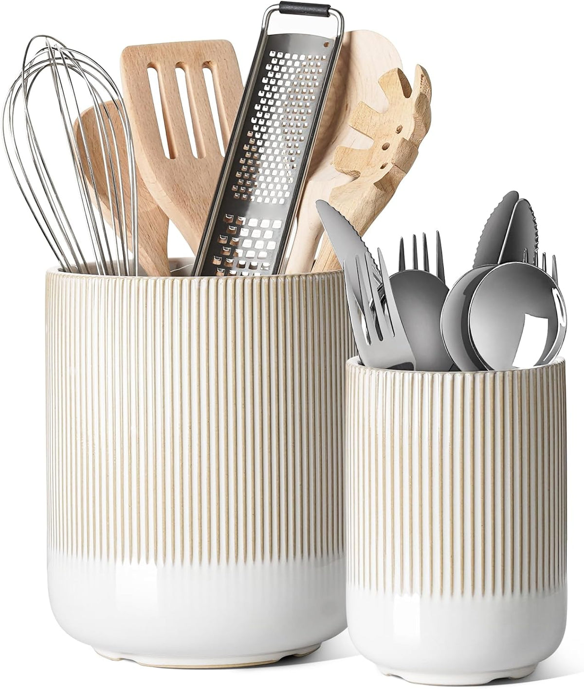 Set of 2 Ceramic Kitchen Utensil Holders, Large Modern Countertop Crocks for Spatulas & Cooking Tools, White (7.3" & 5.4")