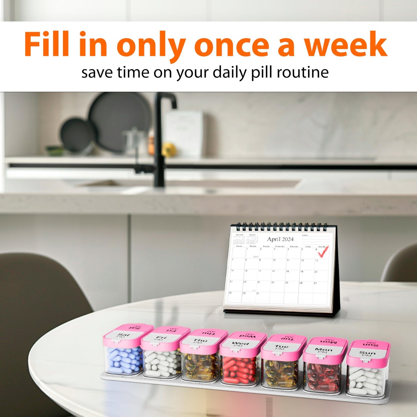 Extra Large Pill Organizer Pink White 2 Times a Day Big Pill Box 7 Day Am Pm XL