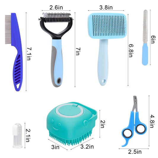 7-Piece Cat & Dog Grooming Brush Kit with Shedding, Flea & Bath Brushes