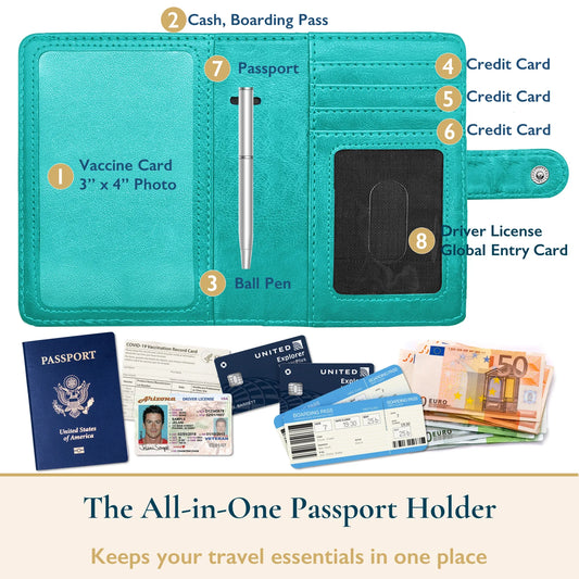 Passport Holder – RFID Blocking Travel Wallet with Cash & Vaccine Card Holder, Waterproof PU Leather Passport Case for Men & Women