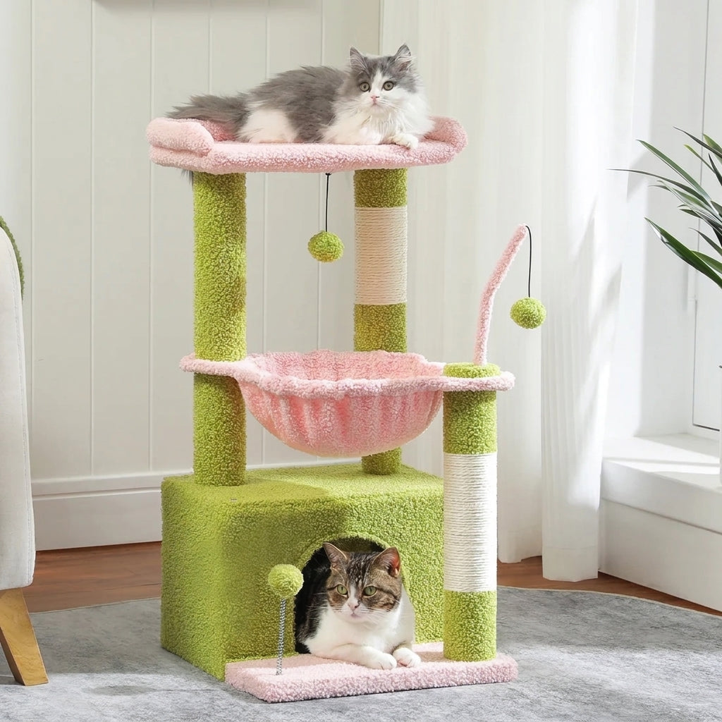 4-in-1 small cat tree, cat resting on top perch