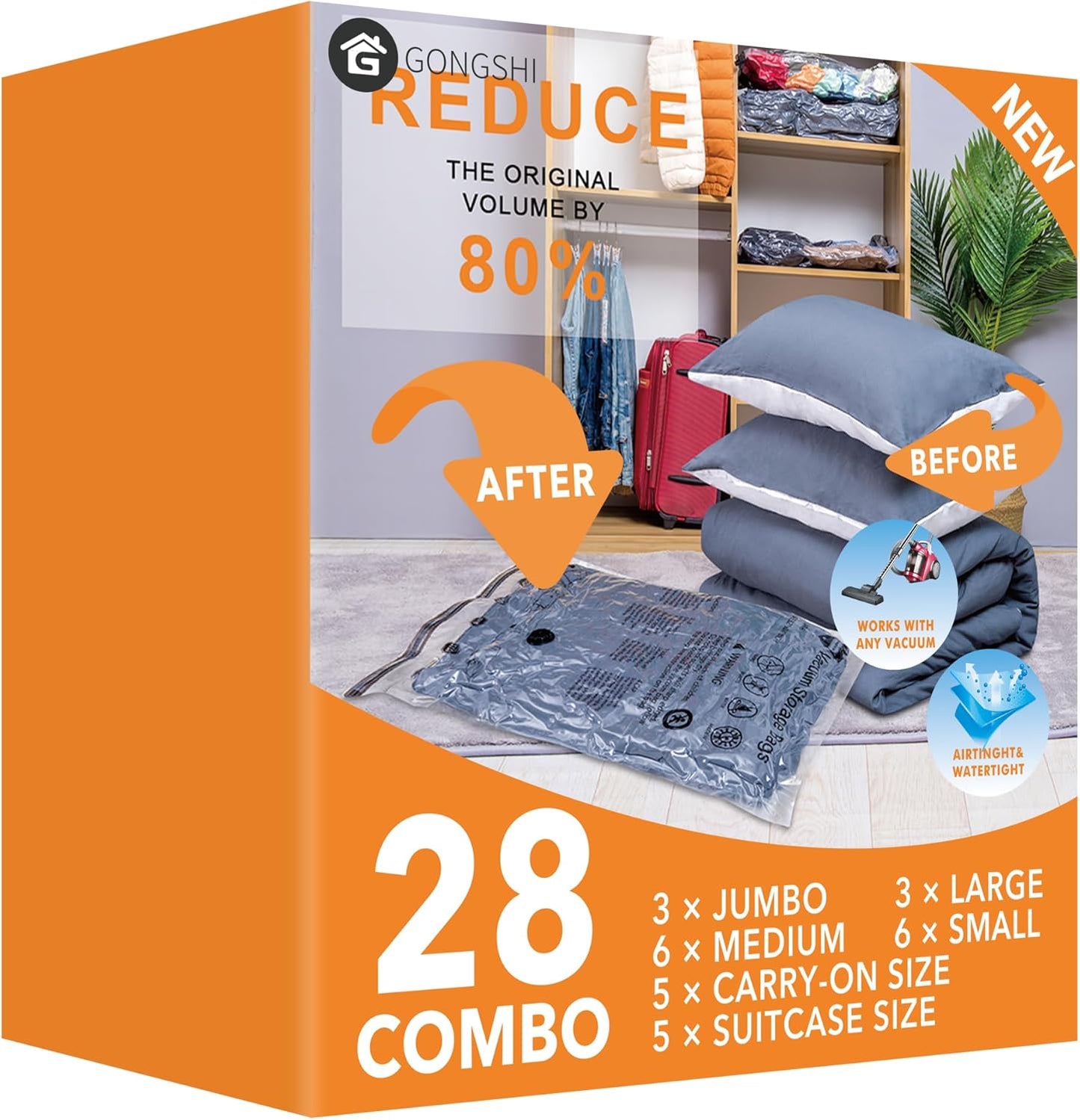 24-Pack Vacuum Storage Bags with Electric Pump – Jumbo, Large, Medium, Small & Roll-Up Bags for Clothes, Bedding, Pillows & Travel