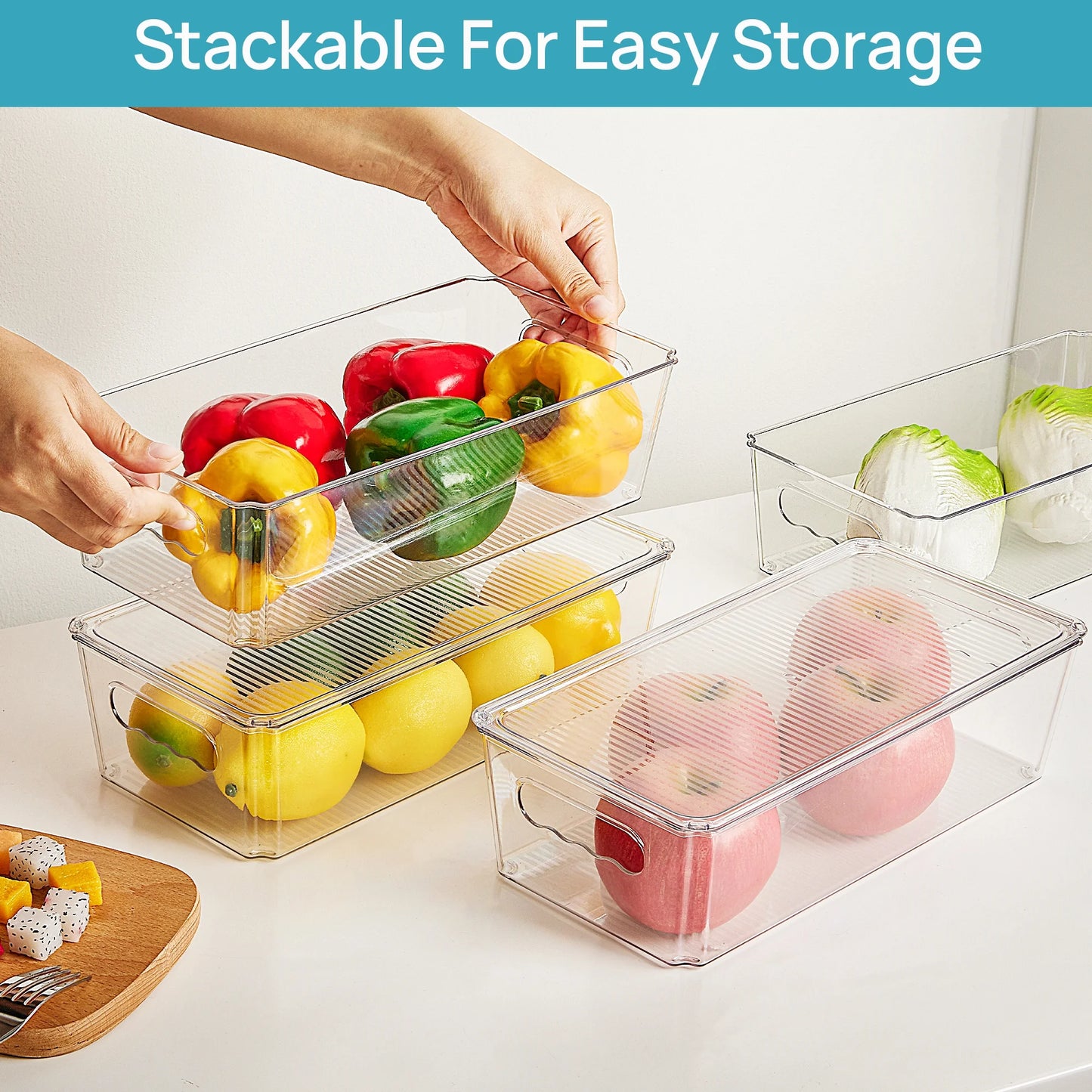 6Pcs Clear Organizers Bins with Lids, Stackable Plastic Storage Containers with Handles