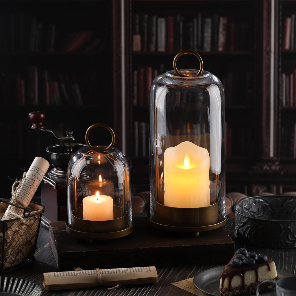 5" & 4" Wide Versatile Metal Candle Holder with Handmade Sturdy Glass Dome in Brass for Pillar Candle & Plants, 5.1" Xh11.8 4" Xh7.5, Industrial, Farmhouse, Shabby Chic. (2, Brass, Large & Small)