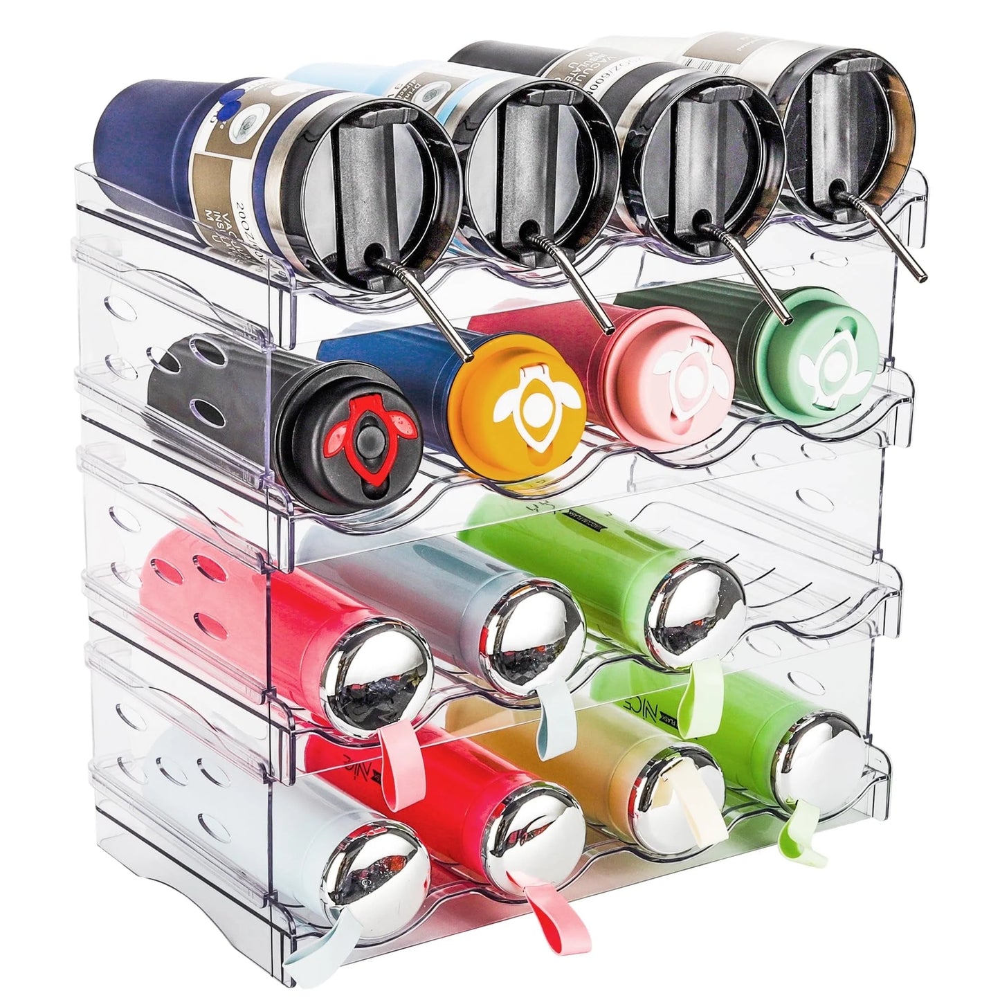 4-Pack Stackable Water Bottle Organizer, Plastic Cabinet & Fridge Storage Rack, Holds 16 Bottles, Kitchen & Pantry Cup Holder